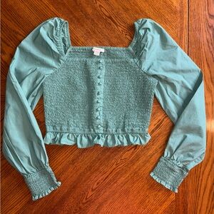 American Eagle Outfitters Green Puff Sleeve Crop Blouse